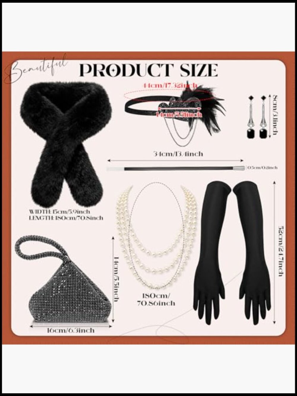 1920s Flapper Accessory Set Faux Fur Shawl Clutch Gloves Jewelry Set - Picture 4 of 7
